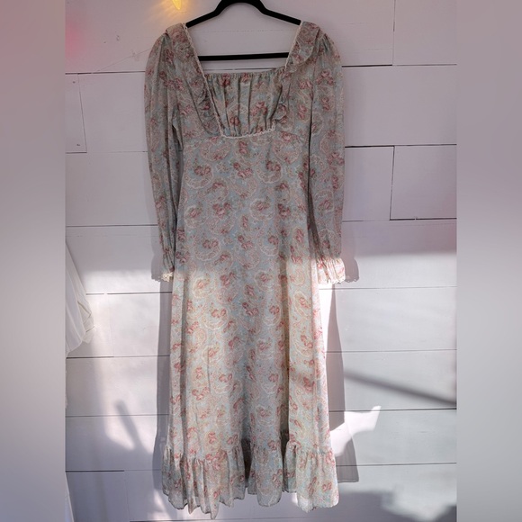 Vintage Dresses & Skirts - 70s Vintage Gunne Sax Style Cream Pink Turquoise Floral Empire Waist Dress M